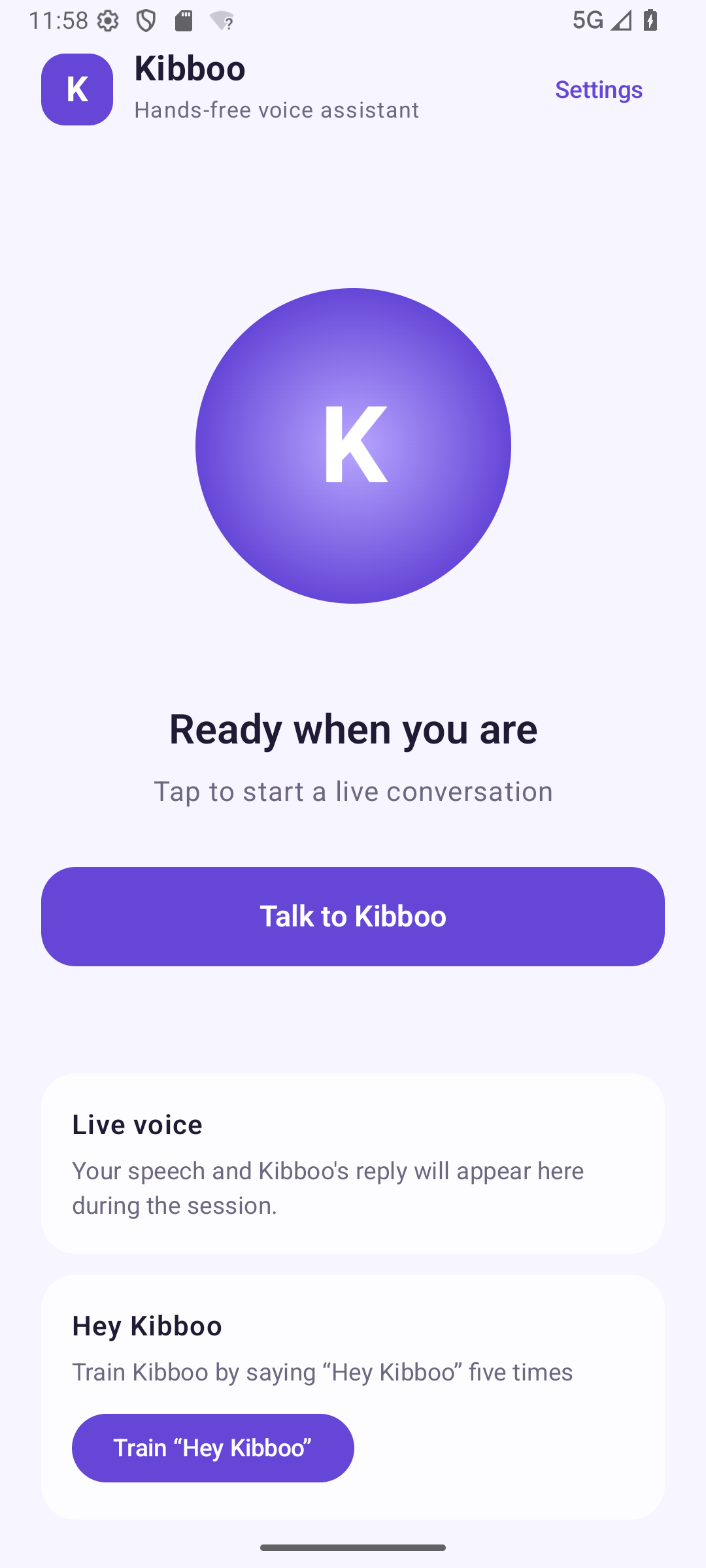 Kibboo Android app showing its Talk to Kibboo button and wake phrase training